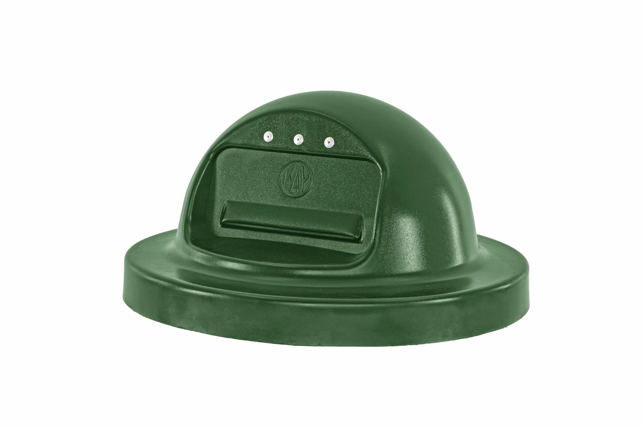 Green dome-shaped object with three small lights and a logo.