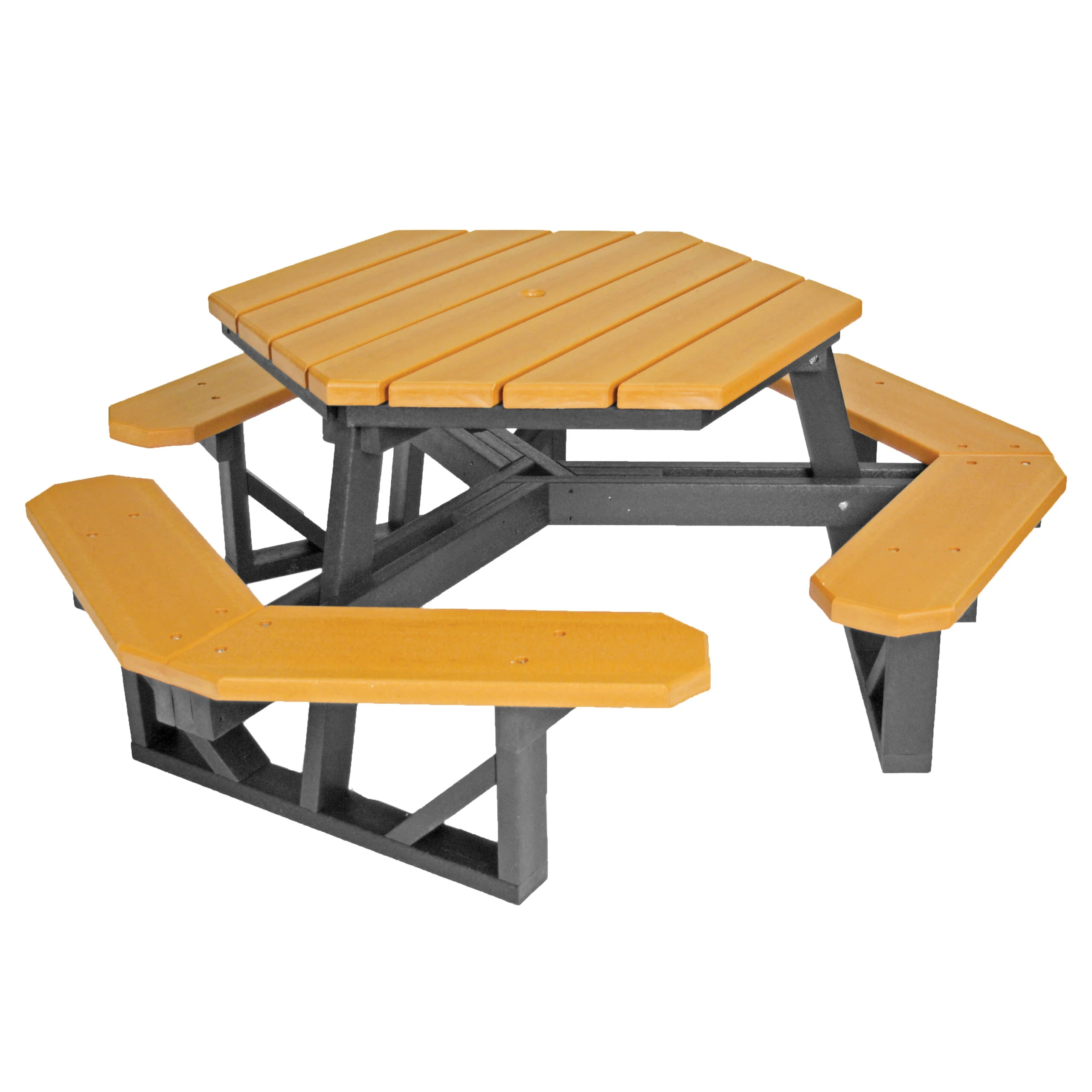 Octagonal picnic table with orange top and grey legs.