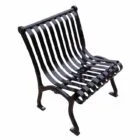Black metal bench with curved backrest and legs.