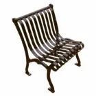 Metal bench with curved legs and vertical slats.