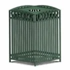Green metal trash can with decorative lattice design.