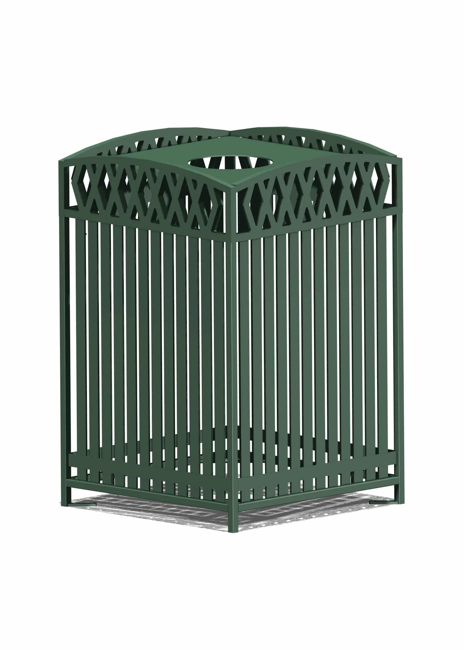 Green metal trash can with decorative lattice design.