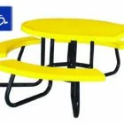 Yellow picnic table with wheelchair accessible symbol.