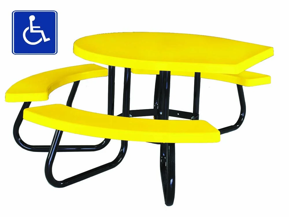 Yellow picnic table with wheelchair accessible symbol.