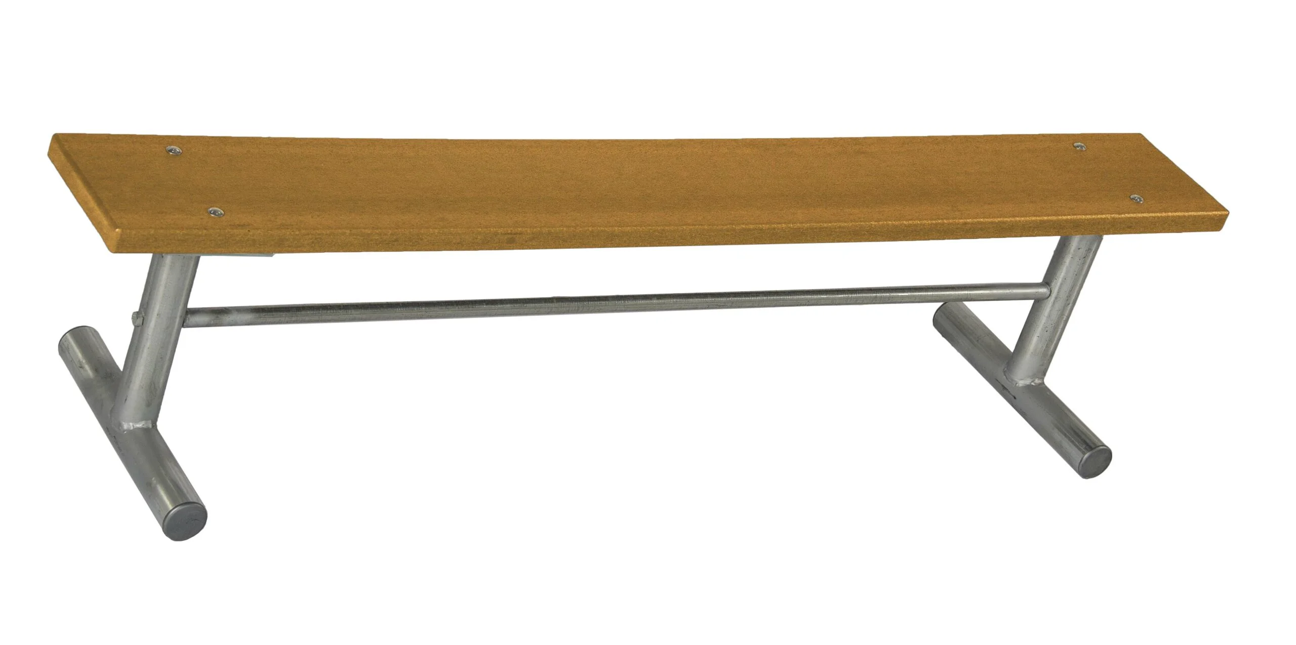 Wooden bench with metal legs.