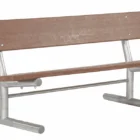 Wooden bench with metal frame.
