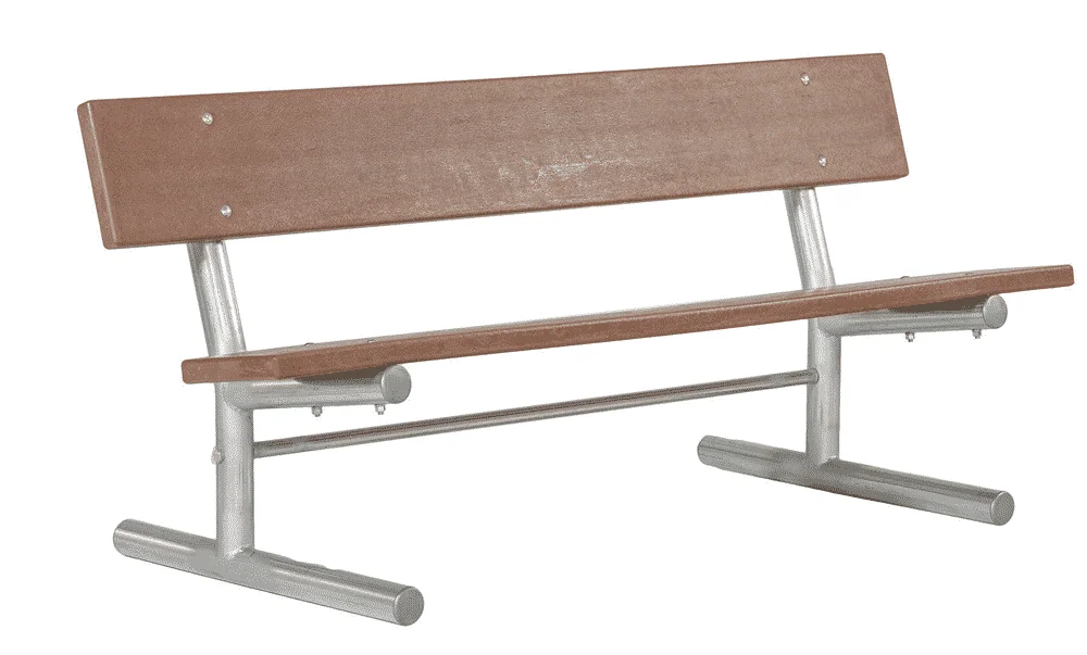 Wooden bench with metal frame.