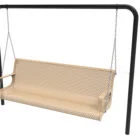 Beige metal swing bench hanging from black frame.