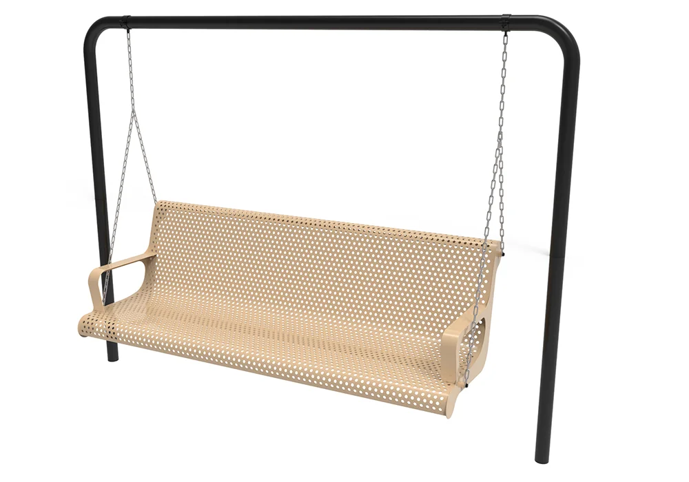 Beige metal swing bench hanging from black frame.