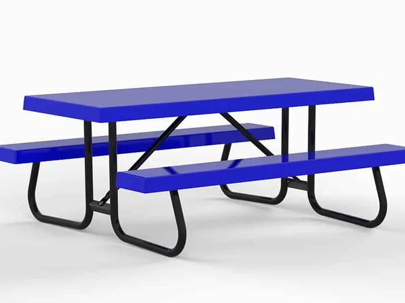 Blue picnic table and benches on a white background.