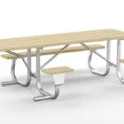 Modern outdoor picnic table with metal frame and wooden benches.
