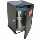 Metal trash can in a black metal enclosure.