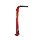 Red metal pole with a handle and attached tools.