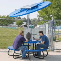 Solar-powered picnic table with a solar panel on top.