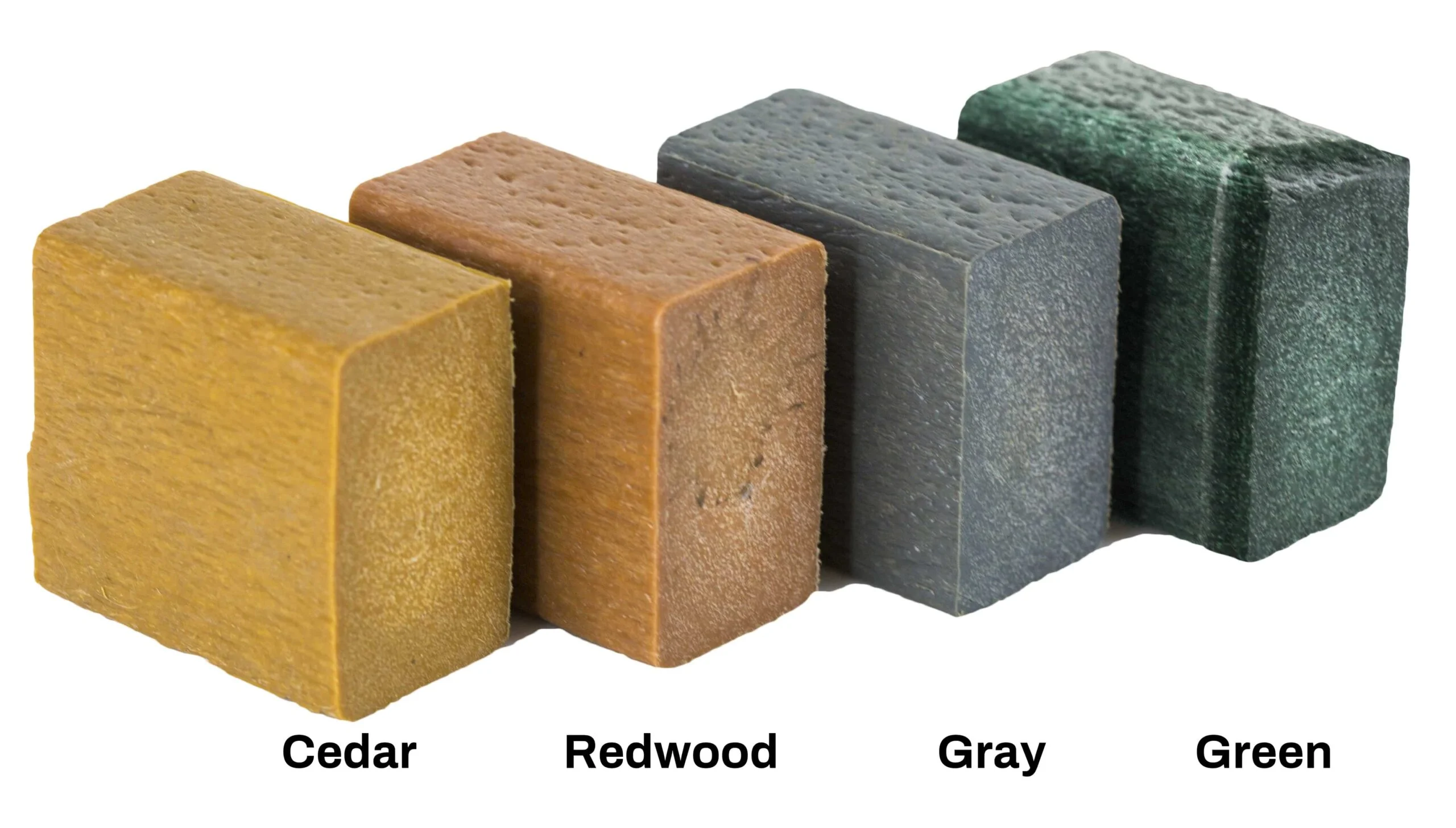 Wooden blocks in different colors: Cedar, Redwood, Gray, Green.