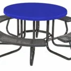 Round picnic table with blue top and black metal legs.