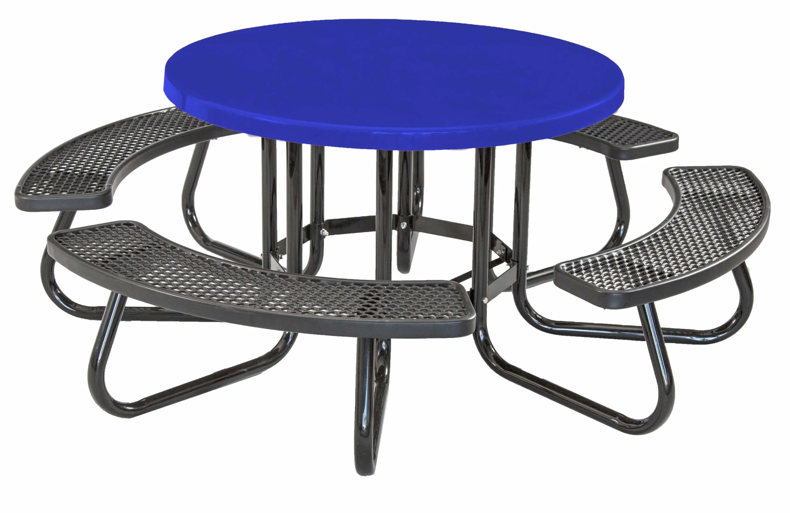 Round picnic table with blue top and black metal legs.