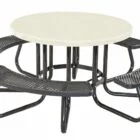 Round picnic table with black metal legs and curved bench seats.