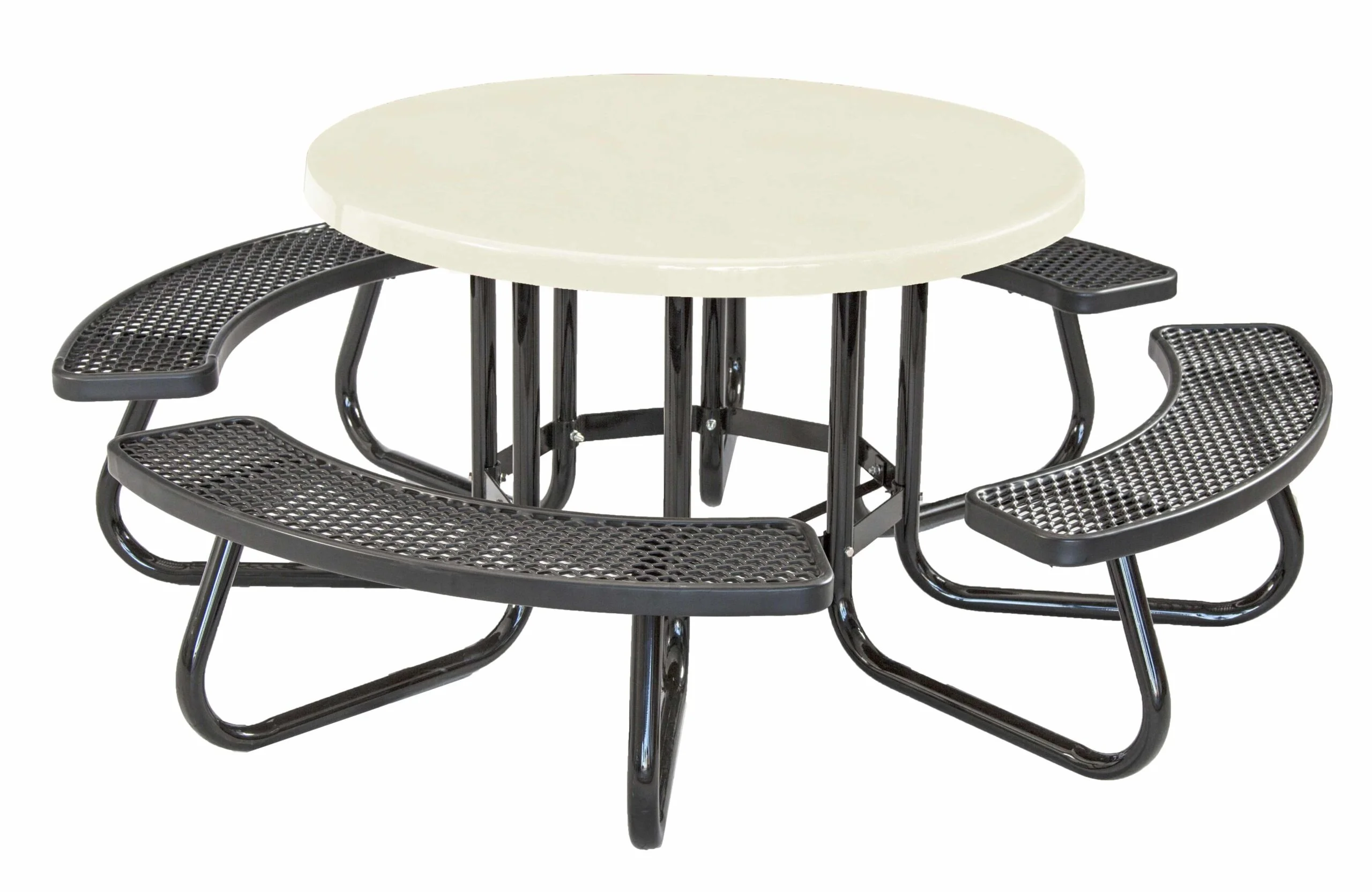 Round picnic table with black metal legs and curved bench seats.
