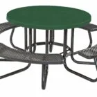 Round picnic table with green top and black metal legs.