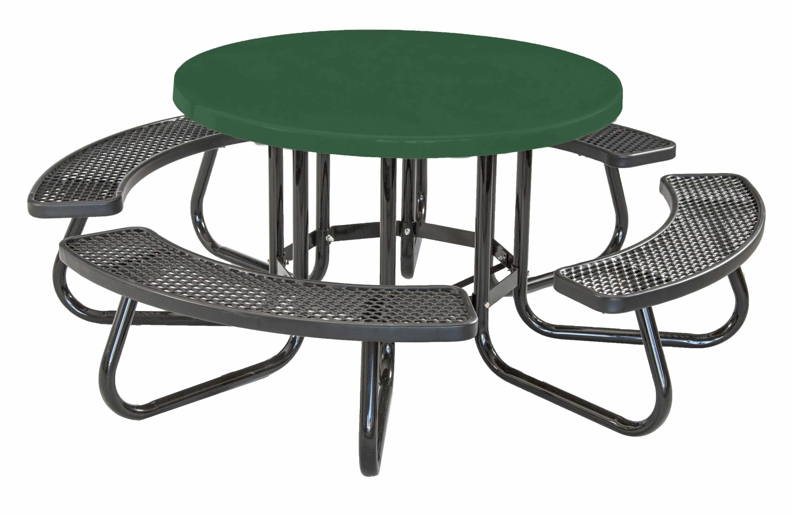 Round picnic table with green top and black metal legs.