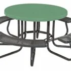 Round picnic table with green top and black metal legs.