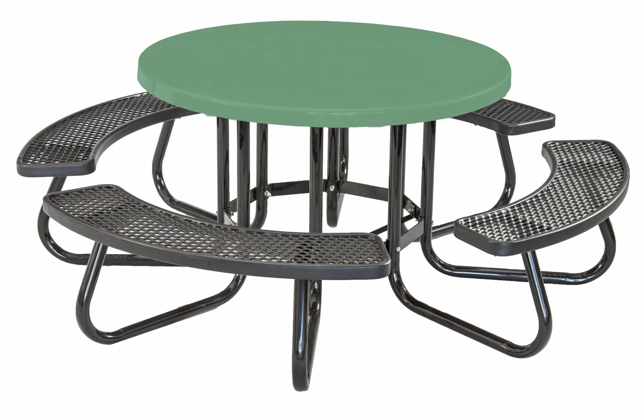 Round picnic table with green top and black metal legs.
