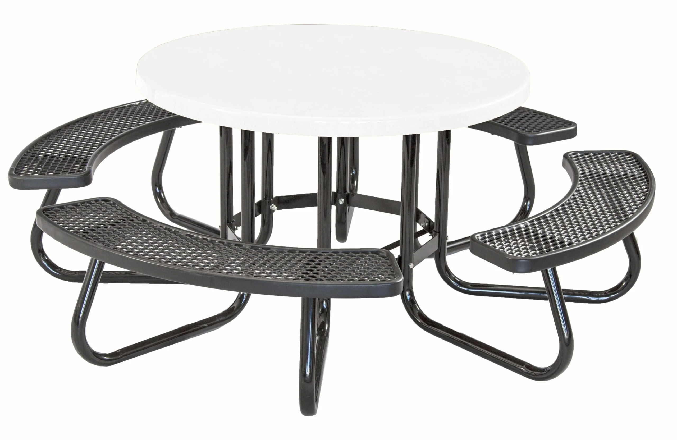 Round picnic table with black metal benches and a white top.
