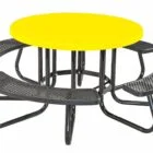 Round picnic table with yellow top and black metal frame.