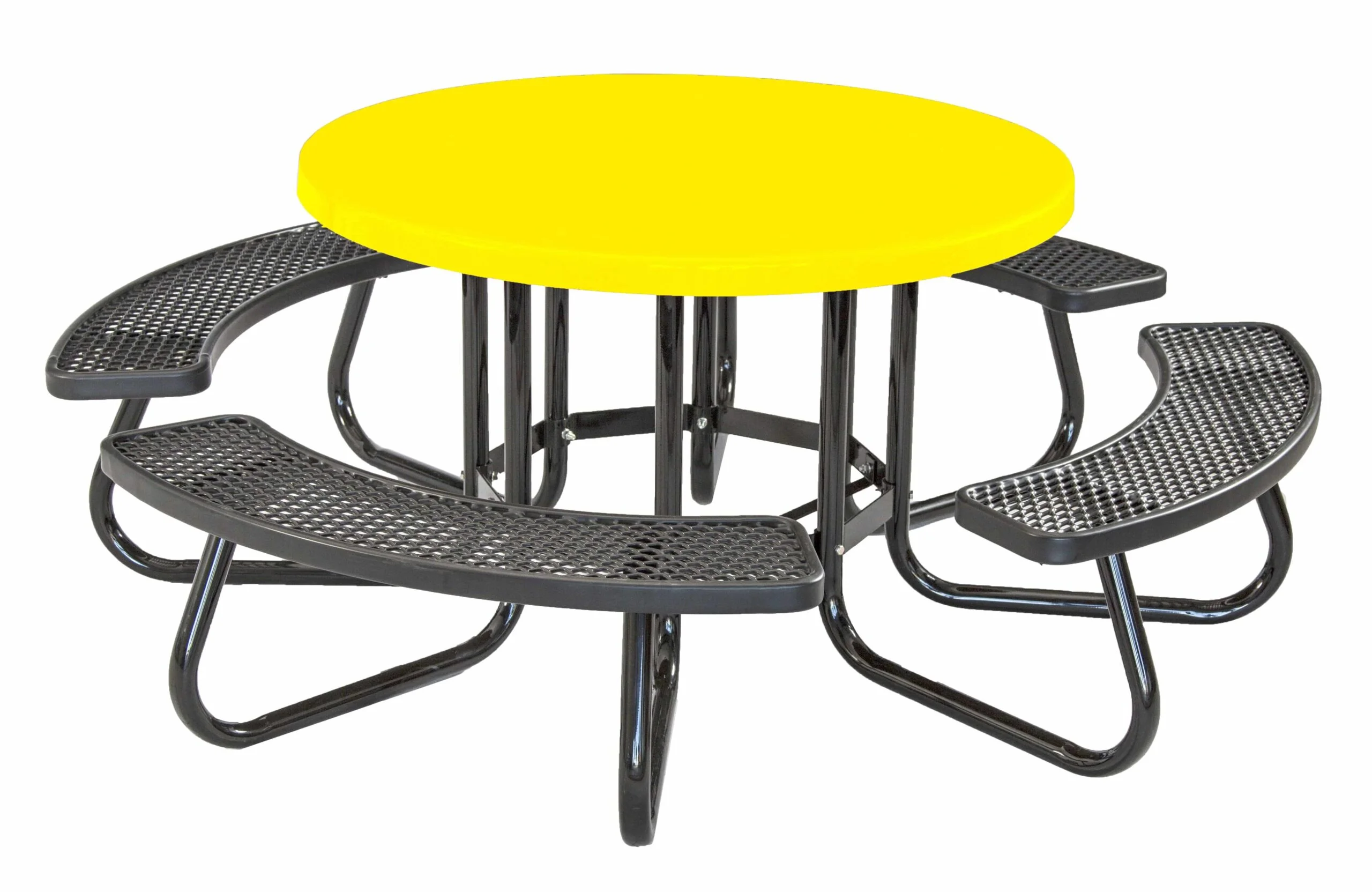 Round picnic table with yellow top and black metal frame.
