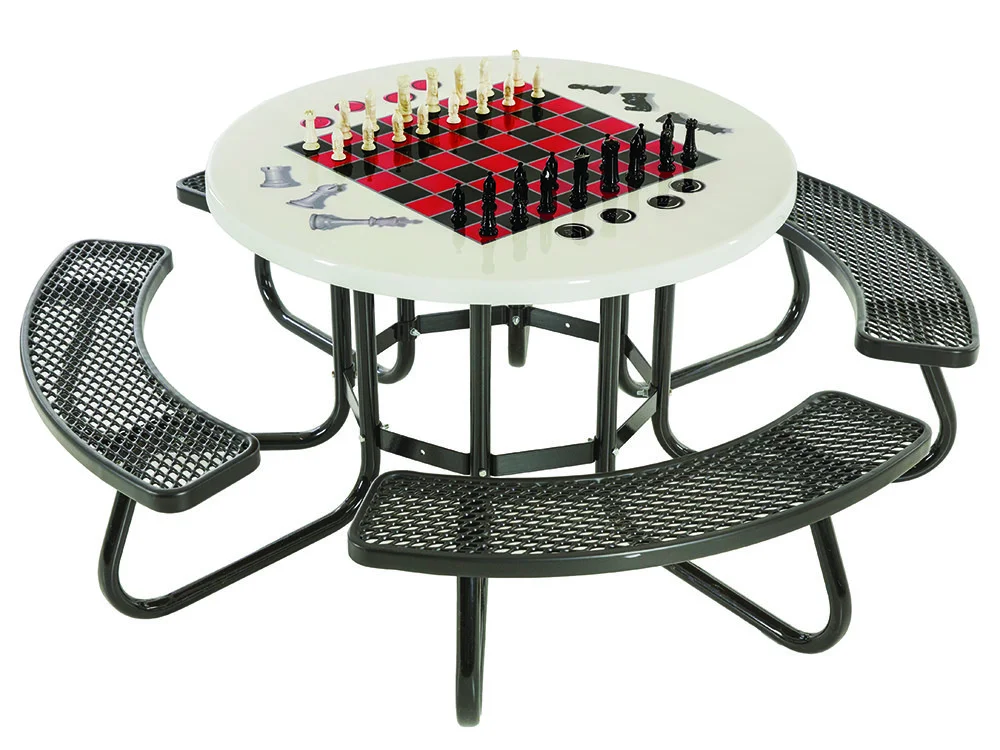 Round picnic table with chessboard top and black metal benches.