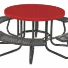 Round picnic table with red top and black metal legs.