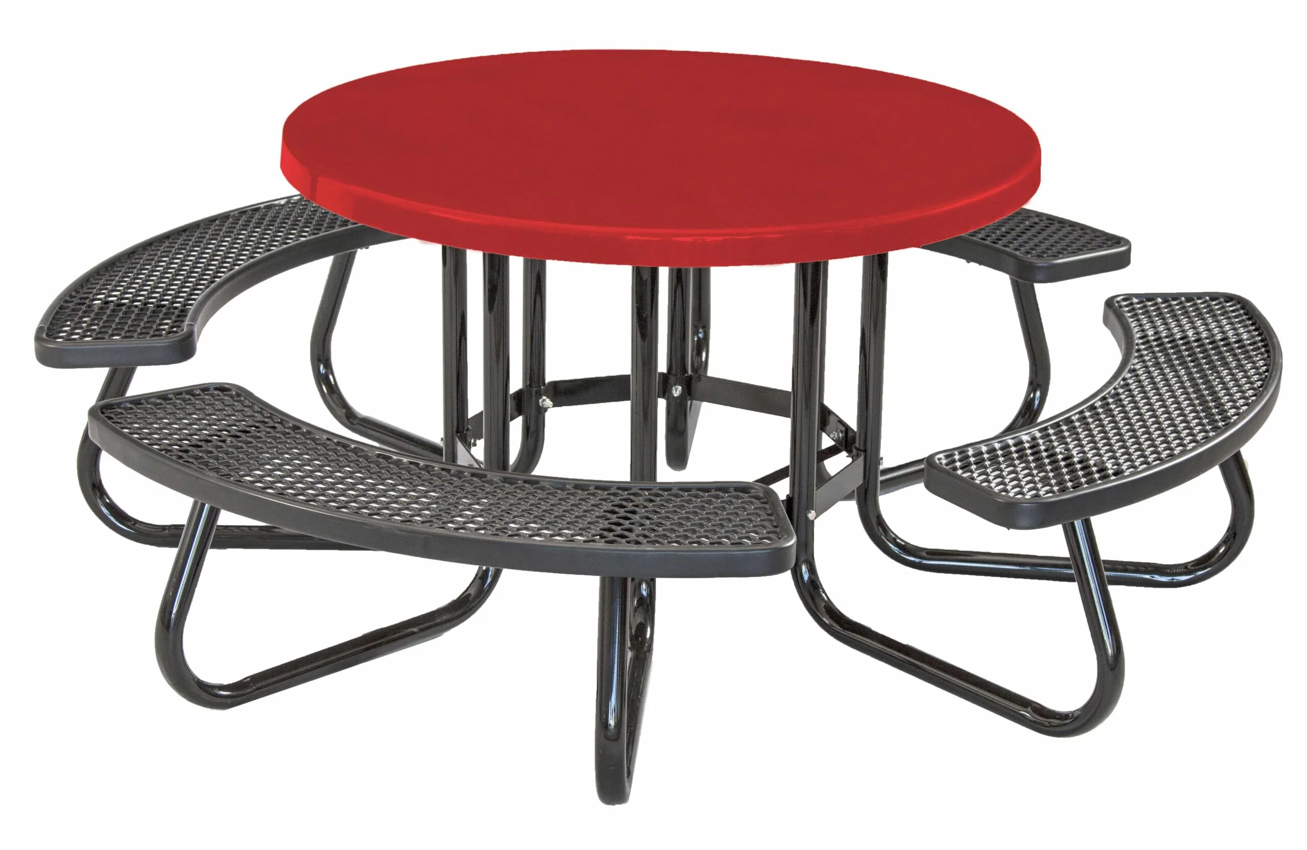 Round picnic table with red top and black metal legs.