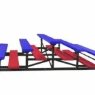 A blue and red metal bleacher seating arrangement.