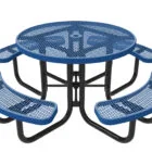 Blue round picnic table with mesh seats and black legs.