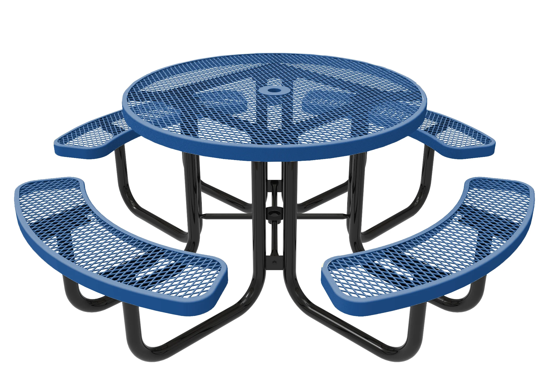 Blue round picnic table with mesh seats and black legs.