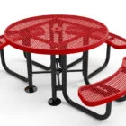 Red round picnic table with black legs and curved bench seats.