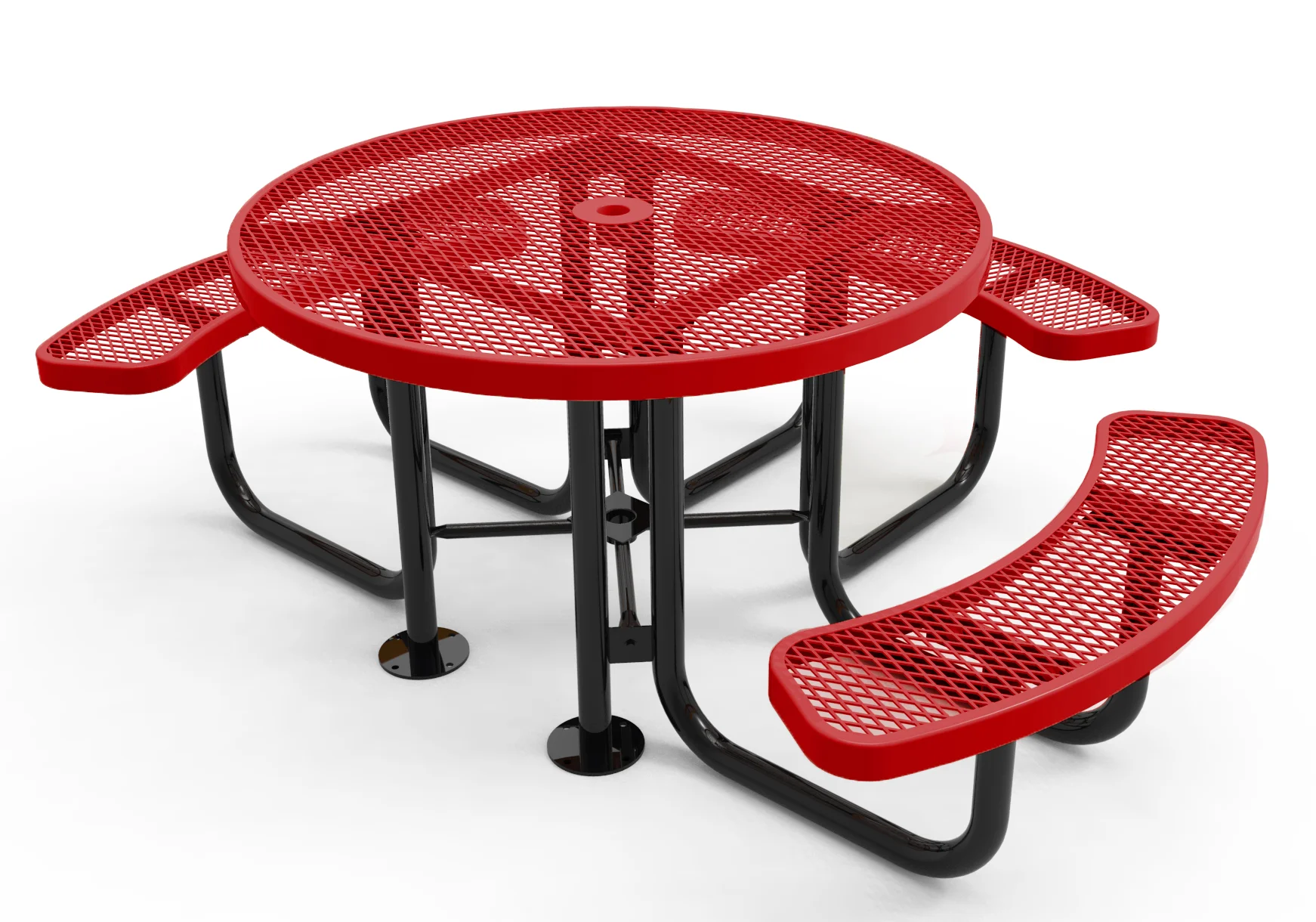 Red round picnic table with black legs and curved bench seats.