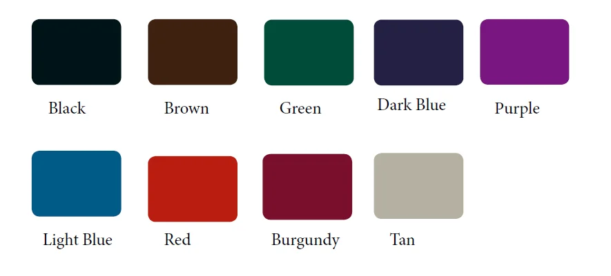 Color swatches: Black, Brown, Green, Dark Blue, Purple, Light Blue, Red, Burgundy, Tan.