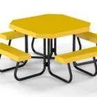 Yellow hexagonal picnic table with black metal frame.