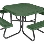 Green picnic table with black metal legs and benches.
