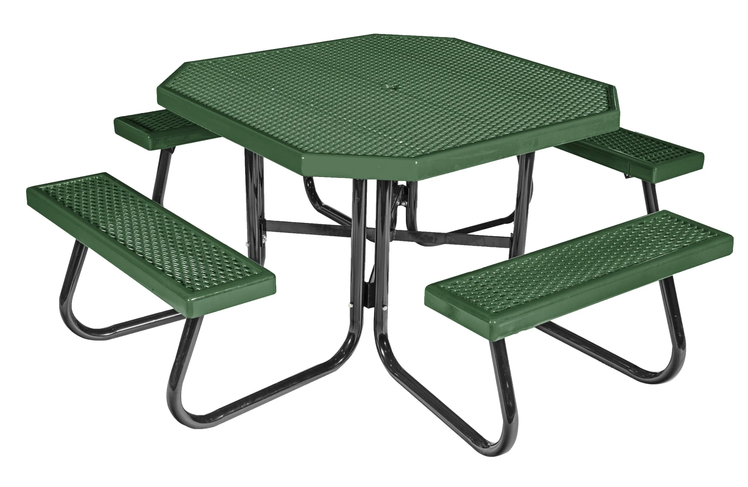 Green picnic table with black metal legs and benches.