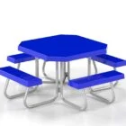 Blue hexagonal picnic table with attached benches.