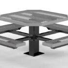Steel picnic table with mesh top and benches.