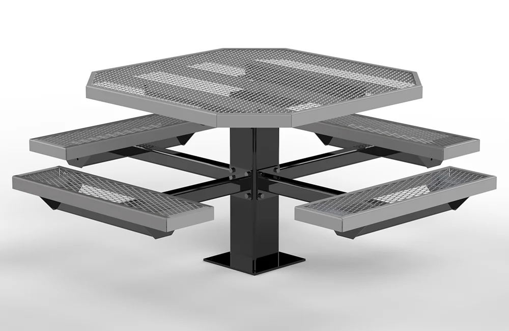 Steel picnic table with mesh top and benches.