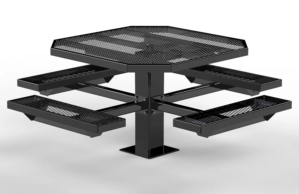 Black metal picnic table with a textured top and four benches.