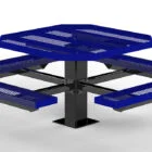 Blue picnic table with perforated seats and a black metal base.