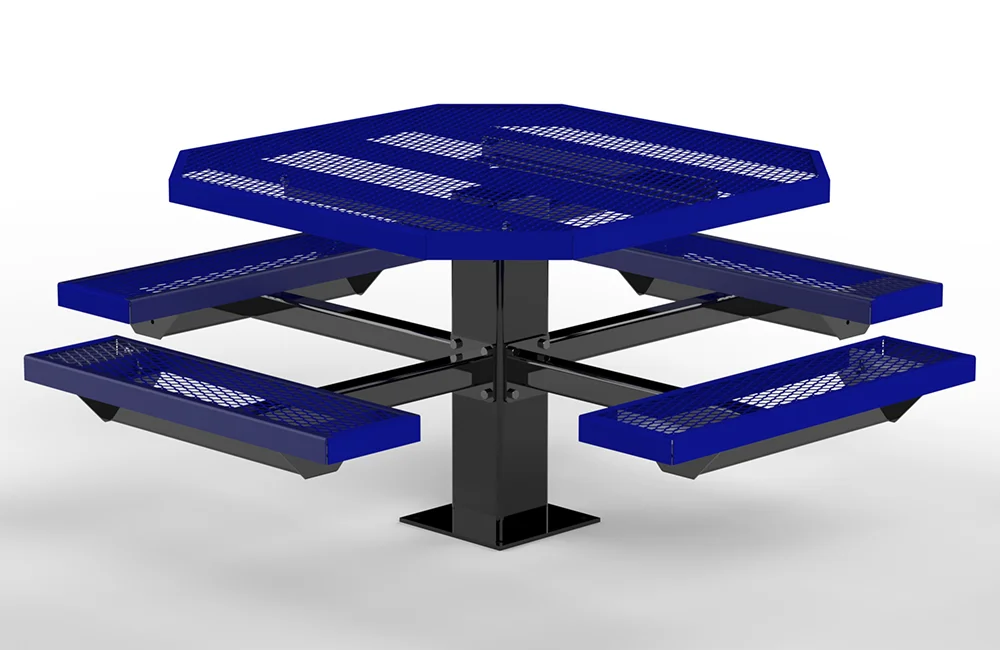 Blue picnic table with perforated seats and a black metal base.