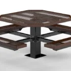 Octagonal picnic table with perforated top and benches.