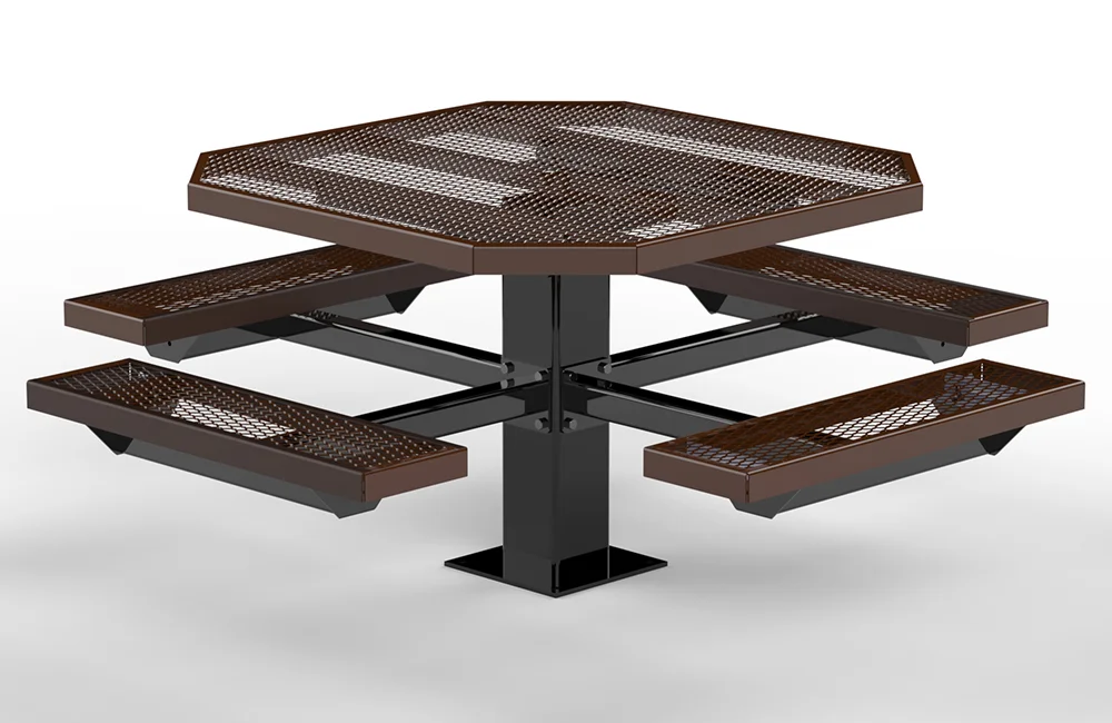 Octagonal picnic table with perforated top and benches.